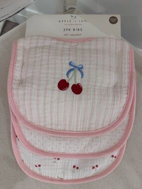 Apple & Ivy Pink Cherry, Bow, Stripe & Polka Dot 3-Pack Cotton Baby Bibs NWT